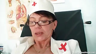 Aged amateur mom wears glasses and latex unalterable